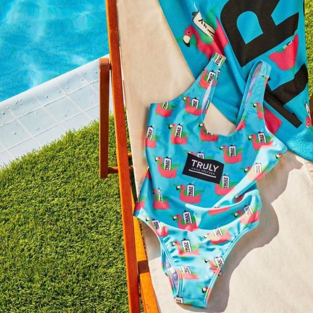 TRULY Women's Blue Tropical Flamingo One-Piece Swimsuit